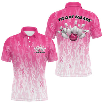 Maxcorners Custom Pink Gradient Breast Cancer Pink Ribbon Bowling Men Polo Shirt, Team League Shirt LM0409