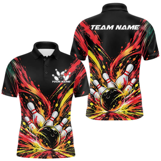 Maxcorners Custom Red Orange Splatter Men Polo Bowling Shirt, Bowling League Matching Team Shirt LM0410