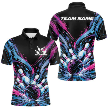 Maxcorners Custom Blue Purple Pink Splatter Men Polo Bowling Shirt, Bowling Matching Team Shirt LM0410