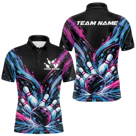 Maxcorners Custom Blue Purple Pink Splatter Men Polo Bowling Shirt, Bowling Matching Team Shirt LM0410