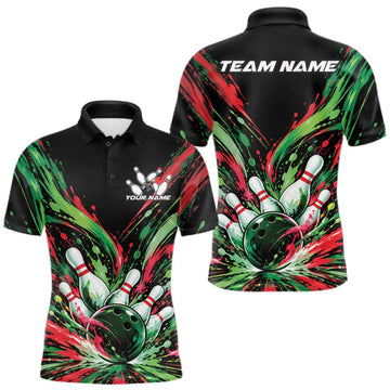 Maxcorners Custom Green And Red Splatter Men Polo Bowling Shirt, Bowling Matching Team Shirt LM0410