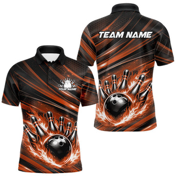 Maxcorners Custom Orange Fire Flame Bowling Team Men Polo Shirt, Bowling League Shirt LM0404