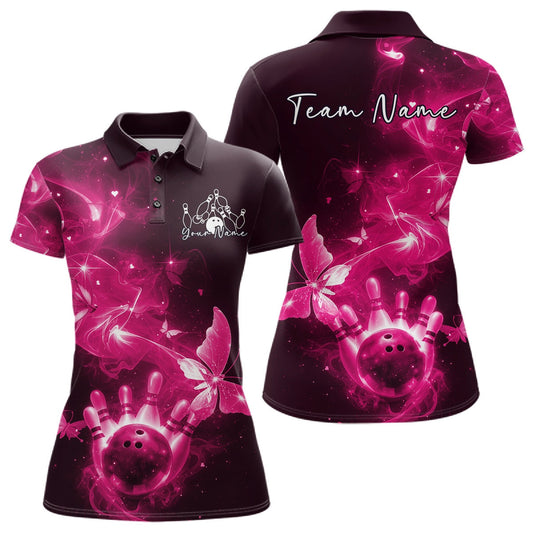 Custom Pink Galaxy Butterfly Bowling Women Polo Shirt, Ladies Bowling Team Outfit LM1203