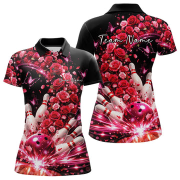 Custom Beautiful Red Roses And Butterfly Women Bowling Team Shirt, Bowling League Shirt LM1203