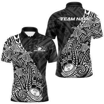 Maxcorners Custom Black And White Polynesian Tribal Turtle Bowling Men Polo Team Shirts Outfit