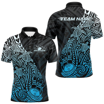 Maxcorners Custom Black And Blue Polynesian Tribal Turtle Bowling Men Polo Team Shirts Outfit