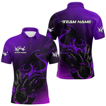Maxcorners Custom Black And Purple Flame Bowling Team Men Polo Shirt, Bowling Tournament Shirt