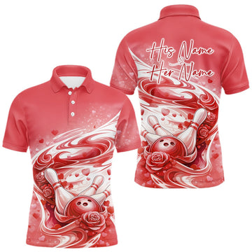 Maxcorners Custom Red Heart Valentine Bowling Couples Shirt, Heart And Roses Bowling Husband And Wife Gifts With Name 1 LM2201