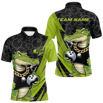 Maxcorners Black and Green Funny Alligator Bowling shirts for Men, Alligator Bowling Team Jersey