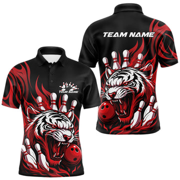 Maxcorners Custom Black And Red Tiger Men Bowling Jerseys, Tiger Bowling Team League Shirt