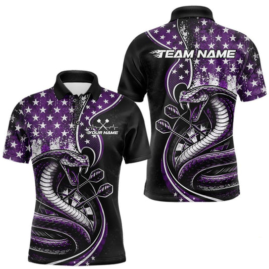 Maxcorners Custom Grunge Purple US Flag Patriotic Cobra Snake Dart Men Polo Shirt, Dart Jerseys