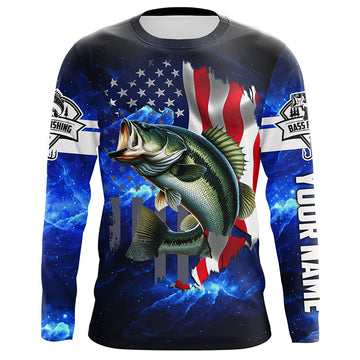 Maxcorners Bass Fishing 3D American Flag patriotic blue galaxy Custom UV protection long sleeve Fishing Shirts LM0201