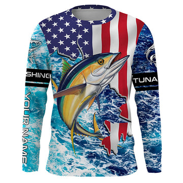 Maxcorners Tuna fishing American flag blue sea camo Custom sun protection long sleeve fishing shirts for men LM2408