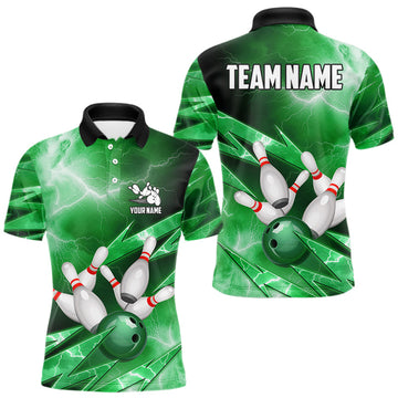 Maxcorners Green Storm Lightning Thunder Bowling Polo, Quarter Zip Shirt For Men Custom Bowling Team Jersey LM0503
