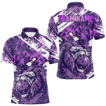 Maxcorners Purple Camo Lion Bowling Polo, 1/4 Zip Shirts for Men Custom Lion Team Bowling Jerseys, Bowler Outfit LM0402