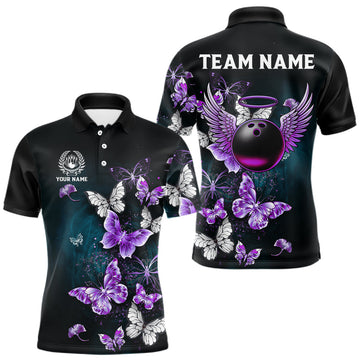 Maxcorners Custom Purple Butterfly Bowling Polo, 1/4 zip jerseys For Men, Bowling Team Shirt With Butterflies