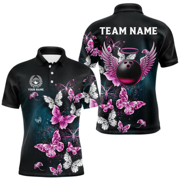 Maxcorners Custom Pink Butterfly Bowling Polo, 1/4 zip jerseys For Men, Bowling Team Shirt With Butterflies