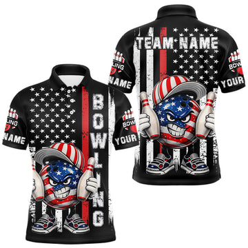 Maxcorners Black American Flag Funny Bowling Polo, 1/4 Zip Shirt For Men Custom Patriotic Bowling Team Jersey LM0503