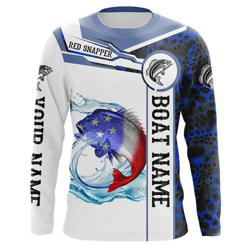 Maxcorners Red snapper Fishing blue camo American Flag Custom name and boat name Long Sleeve Fishing Shirts LM0501