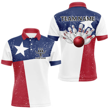 Maxcorners Grunge Texas Flag Bowling Polo, 1/4 Zip Shirts For Men Custom patriotic Texas Team Bowling Jerseys