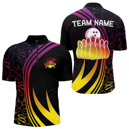 Maxcorners Black Mens Bowling Shirts Custom Colorful Neon Team League Bowling Jerseys, Gifts For Bowlers