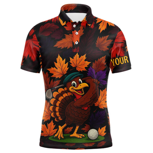 Maxcorners Golf Turkey Thanksgiving Mens Golf Polo Shirt Orange Autumn Leaf Custom Golf top For Men Golf Gifts MT1309