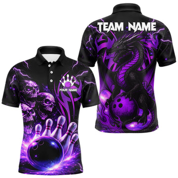 Maxcorners Custom Black and Purple Lightning Thunder Skull Dragon Bowling Shirts For Men, Team Bowling Jerseys LM1202