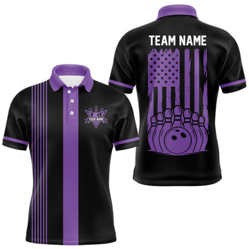 Maxcorners Custom Black and Purple American Flag Retro Bowling Team Shirts For Men, Patriotic Bowling Outfits LM1202