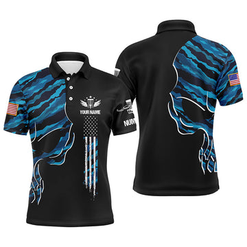 Maxcorners Blue camo skull black US flag custom name, number Men disc golf polo shirts, disco golf outfit for men MT0510