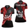 Maxcorners Black And Red Light Hexagon Pattern Bowling Polo, Quarter Zip Shirt For Men Custom Team Bowling Jersey