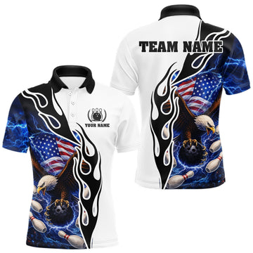Maxcorners Blue Lightning Thunder American Flag Eagle Bowling shirt for Men Custom Patriotic Team bowling Jersey