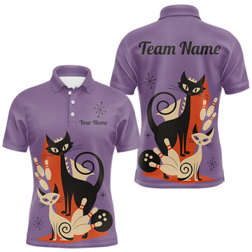 Maxcorners Custom retro bowling shirts Cat Bowling jersey for men Team Bowling Polo, 1/4 Zip Shirts | Purple LM2602