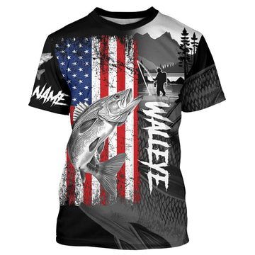 Maxcorners American Flag Walleye Fishing Custom long sleeve performance Fishing Shirts, Walleye fishing jerseys MT2108