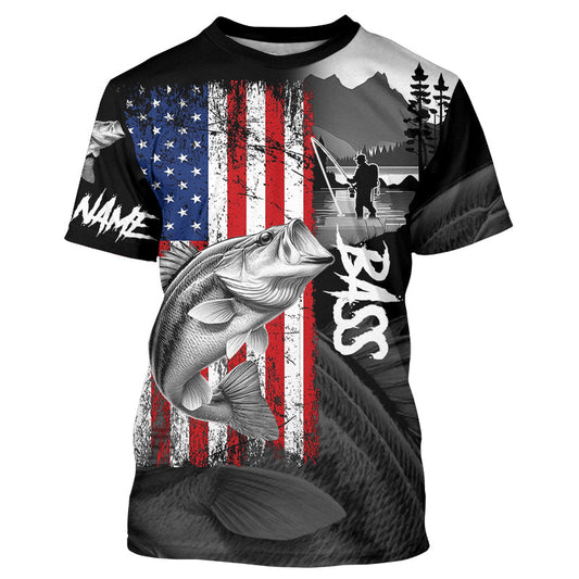 Maxcorners American Flag Bass Fishing Custom Long Sleeve Performance Fishing Shirts, Bass Fishing Jerseys