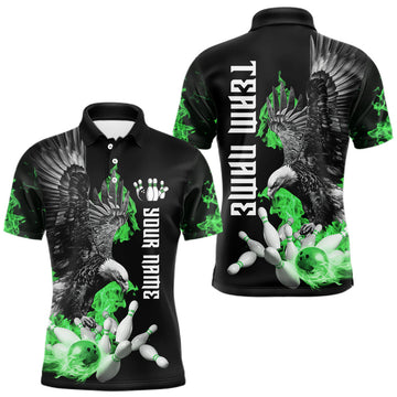 Maxcorners Custom Green Flame Black Eagle Bowling Polo, Quarter Zip Shirt For Men, Team Bowling Clothes LM1104