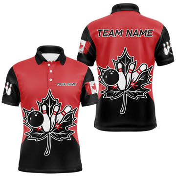 Maxcorners Black and Red maple leaf Mens bowling shirts Custom Canadian Flag bowling team jerseys, bowlers gifts LM1625