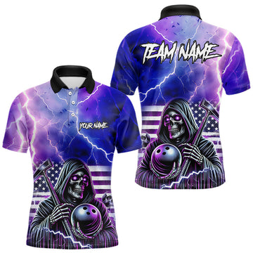 Maxcorners Purple American Flag Lightning Thunder Storm Reaper Bowling Shirt For Men Custom Bowling Team Jersey