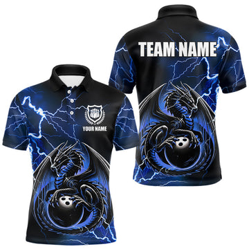 Maxcorners Personalized Black And Blue Thunder Lightning Dragon Bowling Shirts For Men, Bowling Team Uniform LM2007