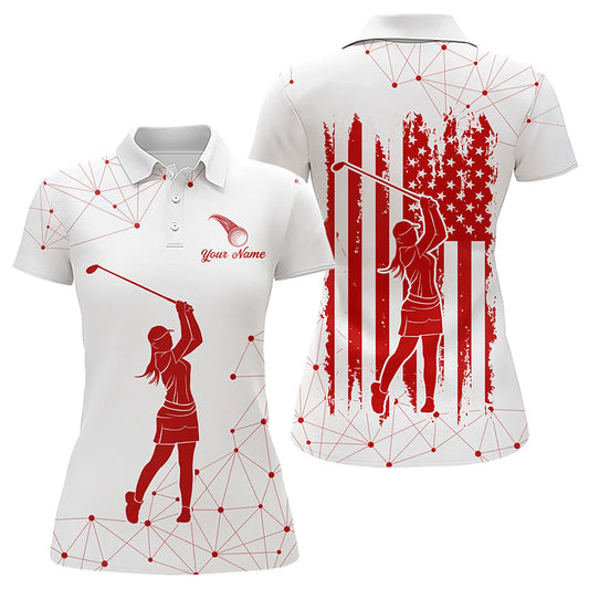 Maxcorners Red And White Pattern American Flag Mens Golf Polo Shirts Custom Patriotic Golf Attire For Mens