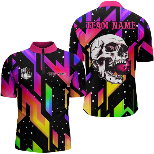 Maxcorners Colorful Black Skull Bowling Polo, 1/4 Zip Shirts Custom Team Bowling Jersey, Gift For Bowlers