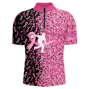 Maxcorners Pink glitter ribbon black Bowling Shirts For Men Custom Breast cancer bowling shirts gift for bowlers LM3006