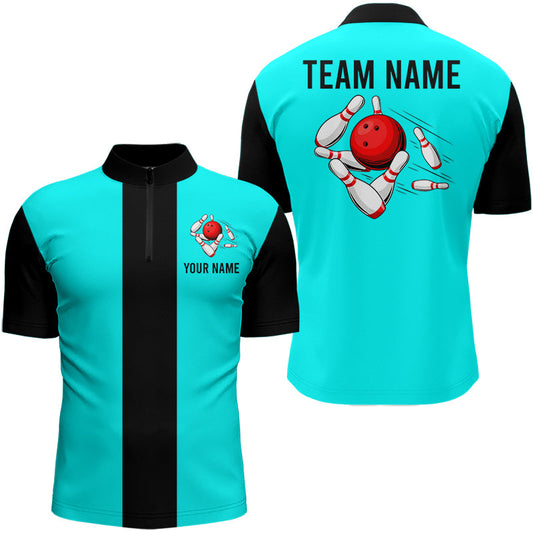 Maxcorners Personalized Cyan Blue And Black Retro Bowling Shirts Custom Vintage Bowling Team Jerseys