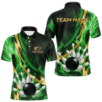 Maxcorners Personalized Bowling Polo, Quarter Zip Shirts for Men Custom Green Flame and Gold Bowling Team Jersey