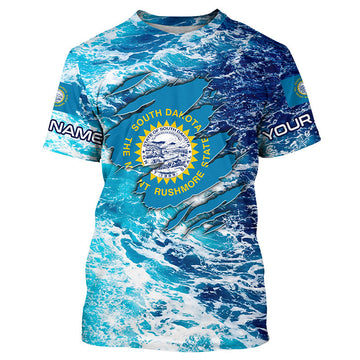 Maxcorners Blue sea wave ocean camo South Dakota flag patriot shirt Custom sun protection fishing shirts MT2108