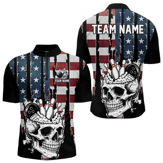 Maxcorners Vintage American Flag retro skull bowling shirts for Men Custom patriotic Bowling Team Outfit LM0706