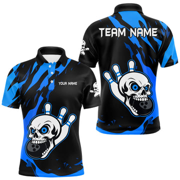 Maxcorners Black and Blue Skull Bowling Shirts for Men Custom Team bowling jersey, gift for bowlers LM0503