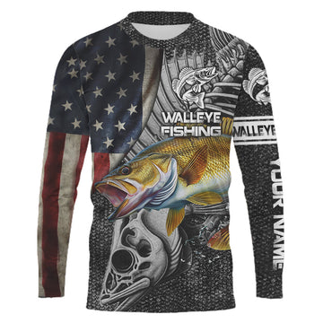 Maxcorners Walleye Fishing American Flag patriotic fish skull Custom name long sleeves fishing shirt LM0501