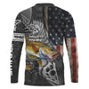 Maxcorners Walleye Fishing American Flag patriotic fish skull Custom name long sleeves fishing shirt LM0501