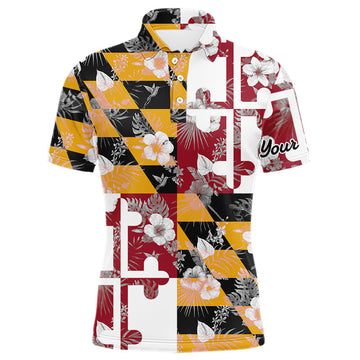 Maxcorners Maryland Flag tropical flower pattern Mens Golf polo shirts Custom mens patriotic golf shirts LM1506