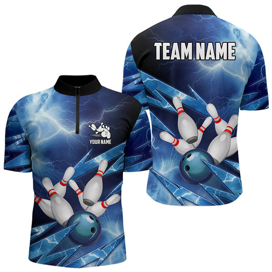 Maxcorners Blue Lightning Thunder Storm Bowling Polo Shirt For Men Custom Bowling Team Jersey